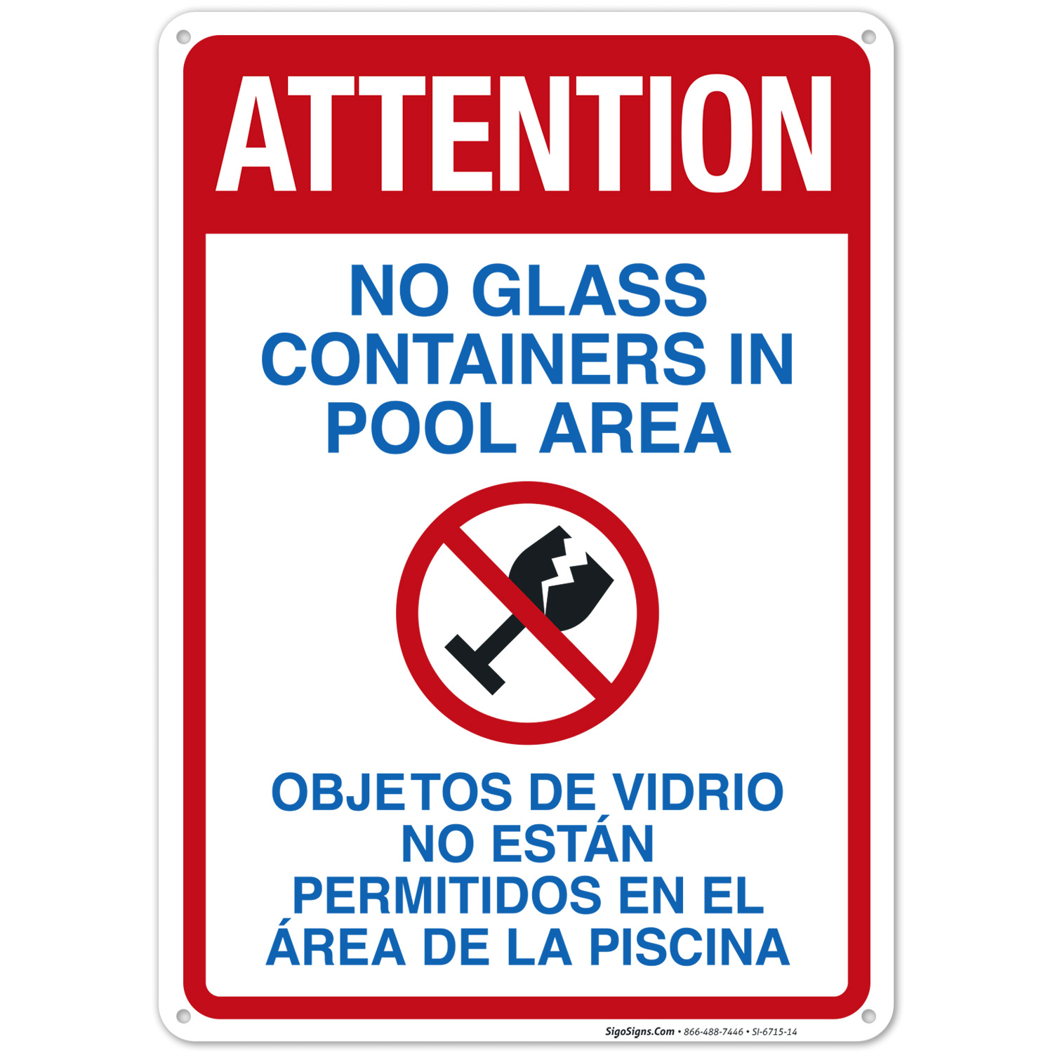 Attention No Glass Containers In Pool Area Sign, Pool Sign