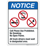 Cell Phone Use Prohibited No Smoking No Open Flame Sign, ANSI Notice Sign