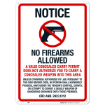 Ohio Notice No Firearms Allowed Unless Otherwise Authorized By Law Sign