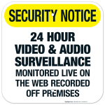 24 Hour Video & Audio Surveillance Monitored Live On The Web Recorded Off Premises Sign