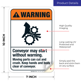 ●WITHOUT WARNING Conveyor May Start Without Warning Sign, ANSI Warning Sign