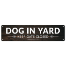 Dog In Yard Keep Gate Closed Wood Look Background Sign