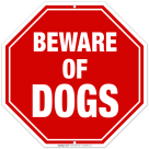 Beware of Dog Sign, Octagon Shape Red Background