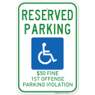 Alabama Handicap Parking Sign, Reserved Parking $50 Fine for First Offense Parking Violation with Symbol Sign