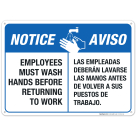 Employees Hand Washing Sign, Bilingual English Spanish