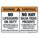 No Lifeguard On Duty Sign, Bilingual Spanish English