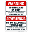 No Lifeguard On Duty Sign, Bilingual English Spanish