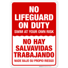 No Lifeguard On Duty Bilingual Spanish English Sign, Swim At Your Risk