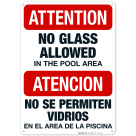 Attention No Glass Allowed Pool Sign, Bilingual Spanish English