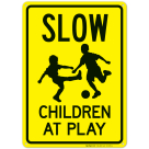Slow Children At Play Sign With Football Warning Sign, Traffic Sign