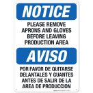 Remove Aprons And Gloves Before Leaving Production Area Bilingual Sign, OSHA Sign