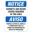 Bilingual Hairnets And Beard Covers Required In This Area Sign, OSHA Sign