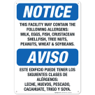 Food Allergy Notice Milk, Eggs, Fish, Crustacean, Nuts, Bilingual Sign, OSHA Notice Sign
