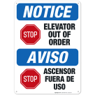 Elevator Out Of Order Bilingual Sign, OSHA Notice Sign