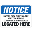 Safety Data Sheets & Written Hazard Communication Program Located Here Sign, OSHA Sign