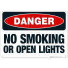 Danger No Smoking Or Open Lights Sign, OSHA Danger Sign