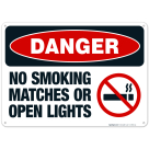 Danger No Smoking Matches Or Open Lights Sign, OSHA Danger Sign