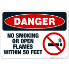 Danger No Smoking Or Open Flames Within 50 Feet Sign, OSHA Danger Sign