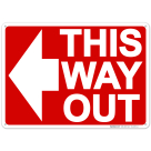 This Way Out With Left Arrow Sign, Red Background