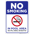 No Smoking in Pool Ares - No IFS, Ands, Or Butts! Sign, Pool Sign