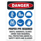 Proper PPE Required Boots, Hardhats, Gloves, Fall Protection Sign, OSHA Danger Sign