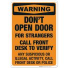 Don't Open Door For Strangers Call Front Desk Sign, OSHA Warning Sign