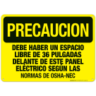 Area in Front of this Electrical Panel Spanish Sign, OSHA Caution Sign