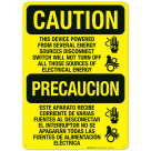 This Device Powered From Several Energy Sources Disconnect Switch Sign, OSHA Caution Sign