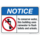 To Conserve Water, This Building Uses Rainwater To Flush Toilets Sign, ANSI Notice Sign