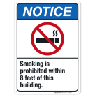 Smoking Is Prohibited Within 8 Feet Of This Building Sign, ANSI Notice Sign