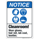 Cleanroom Wear Gloves, Hair Net, Lab Coat, Booties Sign, ANSI Notice Sign