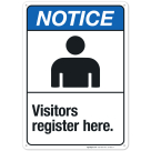 Visitors Register Here Sign, ANSI Notice Sign