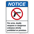 Fire Arms, Deadly Weapons Or Dangerous Ordnance Sign, ANSI Notice Sign