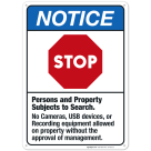 Persons and Property Subjects to Search No Cameras Sign, ANSI Notice Sign