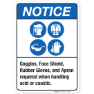 Goggles, Face Shield, Rubber Gloves, and Apron required Sign, ANSI Notice Sign