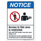 Access To This Area Is Restricted Only Valid Twic Holders May Enter, ANSI Notice Sign