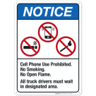 Cell Phone Use Prohibited No Smoking No Open Flame Sign, ANSI Notice Sign