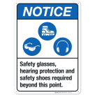 Safety Glasses, Hearing Protection And Safety Shoes Required Sign, ANSI Notice Sign