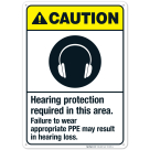 Hearing Protection Required In This Area Sign, ANSI Caution Sign