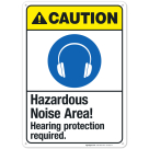Hazardous Noise Area Hearing Protection Required Sign, ANSI Caution Sign