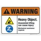 Heavy Object Unassisted Lifting Can Cause Injury Sign, ANSI Warning Sign
