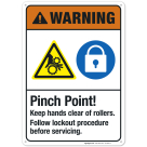 Pinch Point Keep Hands Clear Of Rollers Follow Lockout Sign, ANSI Warning Sign