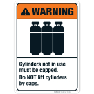 Cylinders Not In Use Must Be Capped Do Not Lift Cylinders By Caps Sign, ANSI Warning Sign