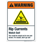 Rip Currents Watch Out You Could Be Swept Out To Sea Sign, ANSI Warning Sign