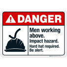 Men Working Above Impact Hazard Hard Hat Required Be Alert Sign, ANSI Danger Sign