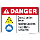 Construction Zone Falling Objects Hard Hats Required Sign, ANSI Danger Sign