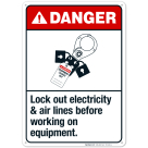 Lock Out Electricity and Air Lines Before Working On Equipment Sign, ANSI Danger Sign