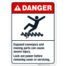 Exposed Conveyors And Moving Parts Can Cause Severe Injury Sign, ANSI Danger Sign