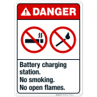 Battery Charging Station No Smoking No Open Flames Sign, ANSI Danger Sign