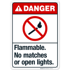 Flammable No Matches Or Open Lights Sign, ANSI Danger Sign